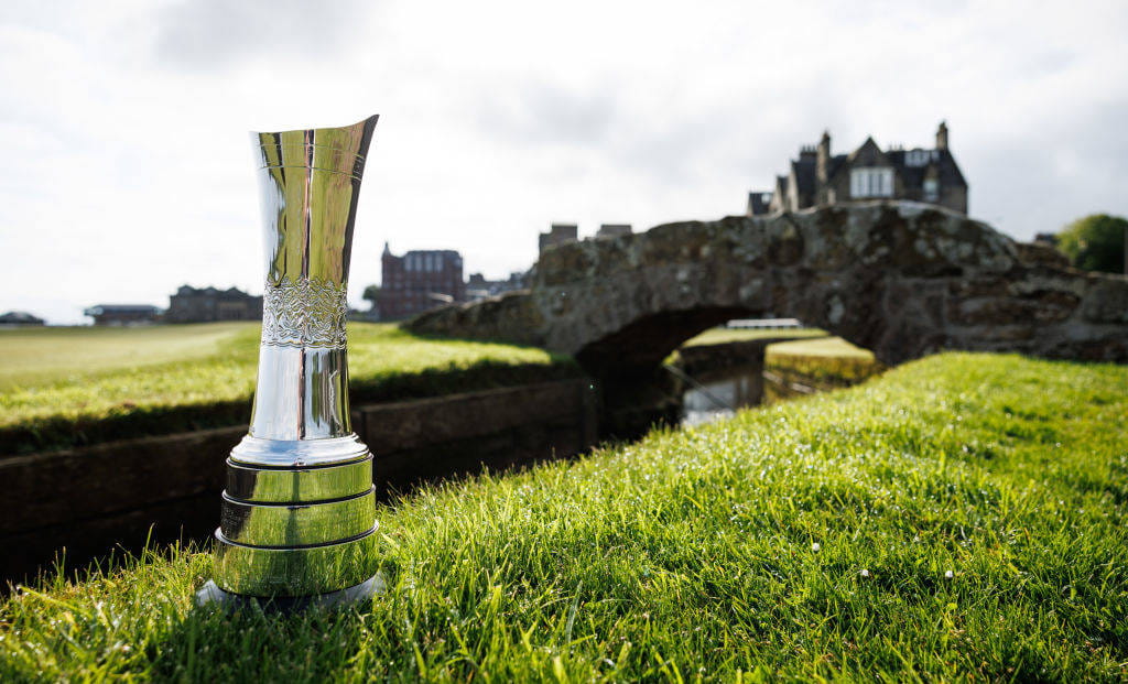 The AIG Women's Open trophy placed besides the iconic Swilcan Bridge at St Andrews